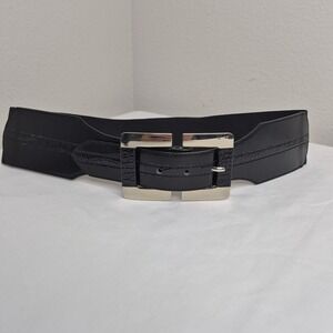 White House Black Market Black Wide Elastic Waist Cincher Belt Silver Buckle M